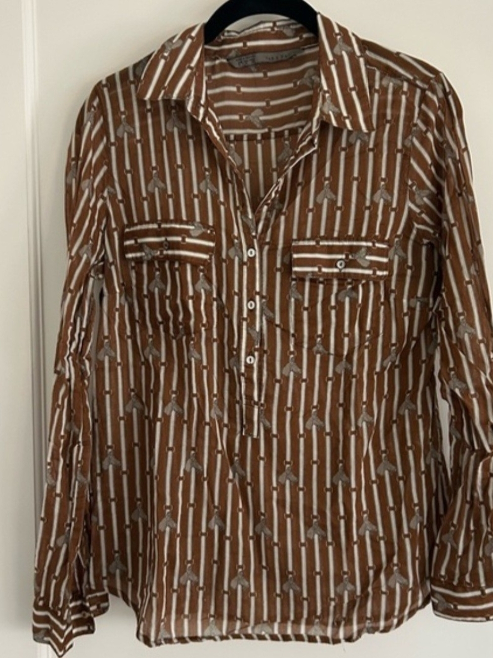 Zara brown and cream  striped Horse Head  printed blouse